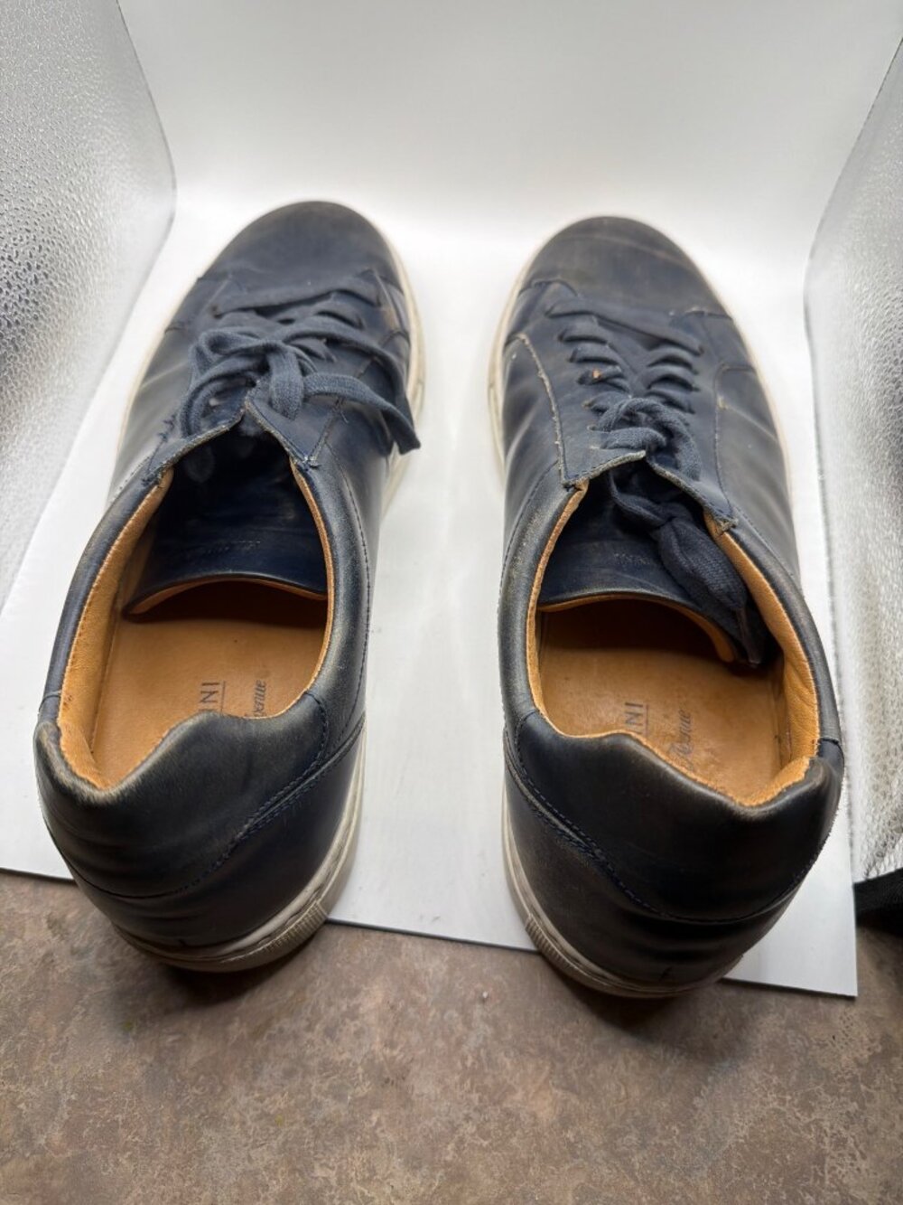 Mens Navy Blue Leather Sneakers Made In Italy Size 11 With Rubber Sole